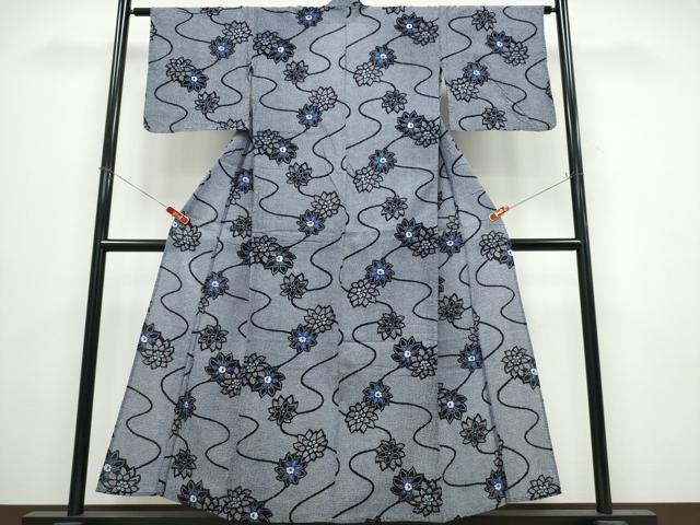 平和屋着物∴夏物　浴衣　流水花文　リップル生地　綿　逸品　CABE9152ng