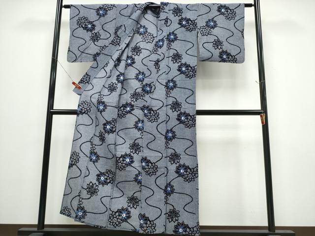 平和屋着物∴夏物　浴衣　流水花文　リップル生地　綿　逸品　CABE9152ng