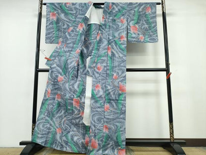 平和屋着物∴夏物　浴衣　注染　手縫い　流水舞蝶文　たたき染め　日本製　綿　逸品　CABE9176ng