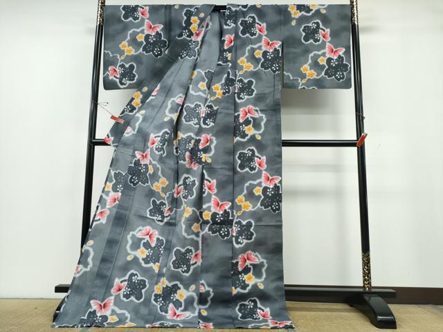 平和屋着物∴夏物　浴衣　注染　手縫い　舞蝶桜　日本製　綿　逸品　CABE9177ng