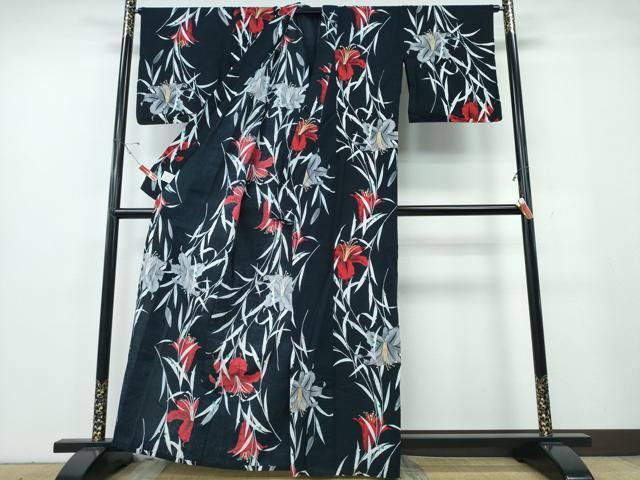 平和屋着物∴夏物　浴衣　ゆり　百合　枝垂れ柳　黒地　金彩　綿　逸品　CABE9185ng