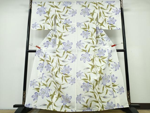 平和屋着物∴夏物　夢工房　浴衣・小紋兼用　百合　日本製　綿麻　逸品　CABE9194ng