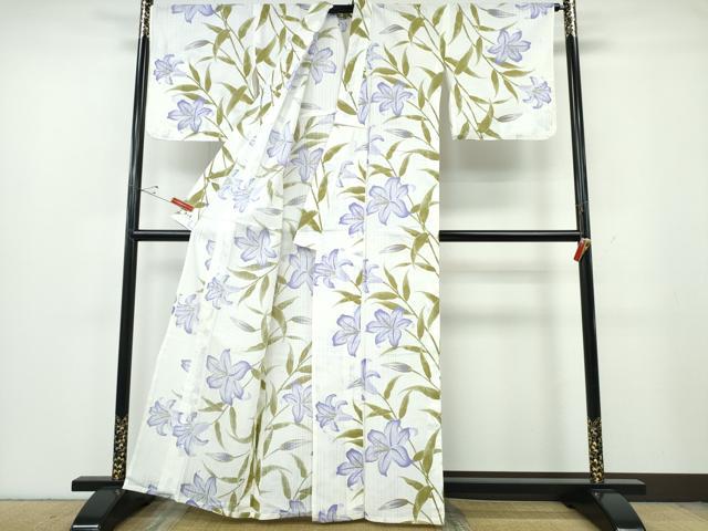 平和屋着物∴夏物　夢工房　浴衣・小紋兼用　百合　日本製　綿麻　逸品　CABE9194ng