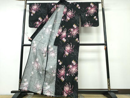 平和屋着物∴夏物　浴衣　乱菊　黒地　金彩　綿　逸品　CABE9198ng