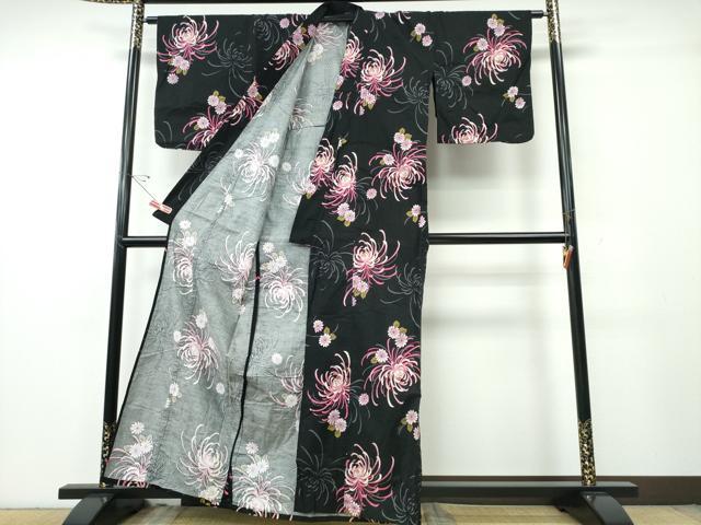 平和屋着物∴夏物　浴衣　乱菊　黒地　金彩　綿　逸品　CABE9198ng