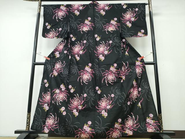 平和屋着物∴夏物　浴衣　乱菊　黒地　金彩　綿　逸品　CABE9198ng