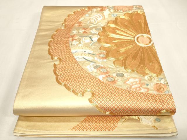 平和屋着物▼袋帯 総刺繍 駒刺繍 雪輪花文 金糸 正絹 逸品 CABE9224dy