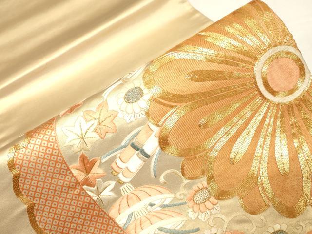 平和屋着物▼袋帯 総刺繍 駒刺繍 雪輪花文 金糸 正絹 逸品 CABE9224dy