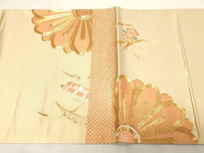 平和屋着物▼袋帯 総刺繍 駒刺繍 雪輪花文 金糸 正絹 逸品 CABE9224dy