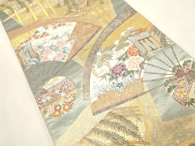 平和屋着物▼六通柄袋帯 唐織 能衣扇面橋上文 金糸 正絹 逸品 CABE9235dy