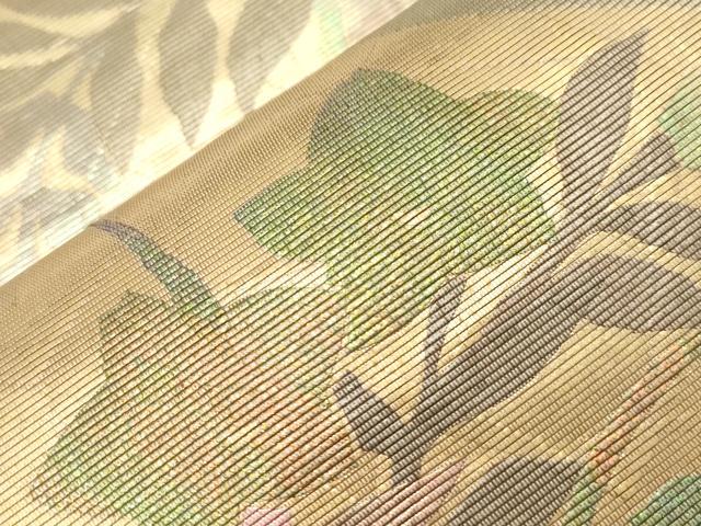 平和屋着物▼太鼓柄袋帯 手織截金正寛箔帯 螺鈿箔 色紙重ね草花文 金銀糸 引箔 正絹 逸品 CABE9239dy