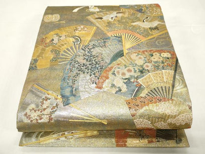 平和屋着物▼西陣　あさぎ謹製　両面　全通全景柄袋帯　徳川美術館秘蔵　能楽百扇　24金プラチナ三重箔　正絹　24ｋ　逸品　CABE9284dy