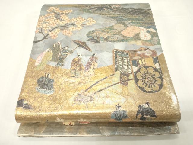 平和屋着物▼六通柄袋帯　平安宮庭絵巻　時代屏風　金彩　正絹　逸品　CABE9288dy