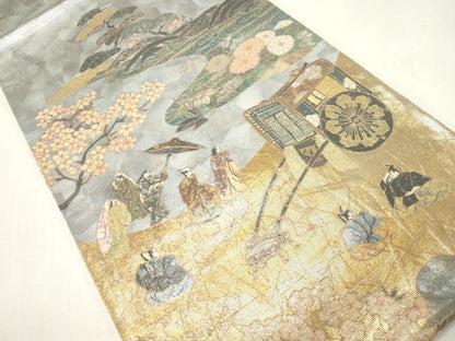 平和屋着物▼六通柄袋帯　平安宮庭絵巻　時代屏風　金彩　正絹　逸品　CABE9288dy