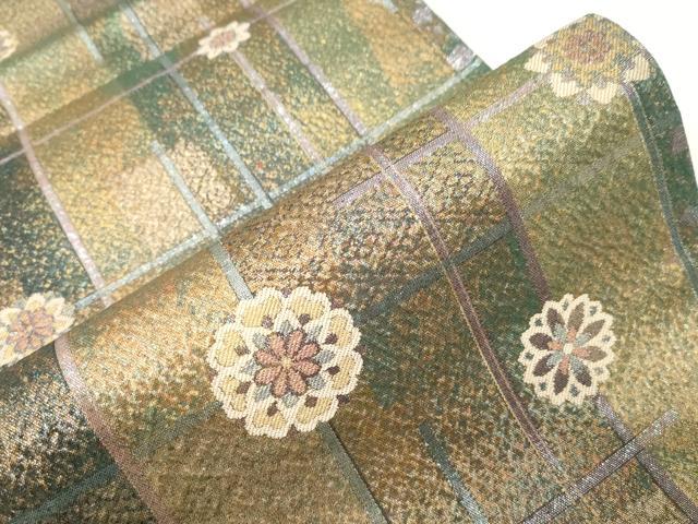 平和屋着物▼六通柄袋帯　ふくれ織　格子舞花文　金銀糸　正絹　逸品　CABE9294dy