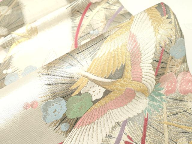平和屋着物▼六通柄袋帯　ぎやまん織　飛鶴松梅文　金銀糸　正絹　逸品　CABE9335dy
