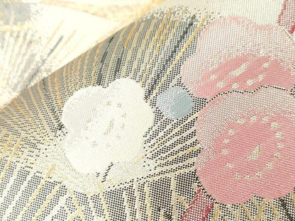 平和屋着物▼六通柄袋帯　ぎやまん織　飛鶴松梅文　金銀糸　正絹　逸品　CABE9335dy