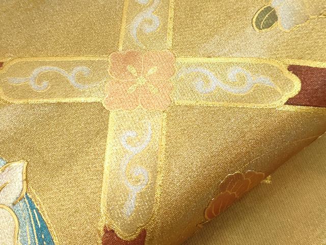 平和屋着物▼太鼓柄袋帯　螺鈿　天井草花丸文　金銀彩　正絹　逸品　CABE9346dy