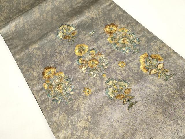 平和屋着物▼太鼓柄袋帯　総刺繍　草花文　金銀彩　引箔　正絹　逸品　CABE9349dy