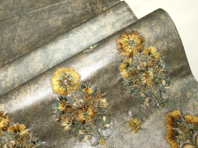 平和屋着物▼太鼓柄袋帯　総刺繍　草花文　金銀彩　引箔　正絹　逸品　CABE9349dy