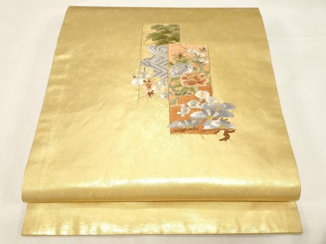 平和屋着物▼九寸開き名古屋帯 総刺繍 短冊重ね草花文 金糸 引箔 鈴乃屋扱い 正絹 逸品 CABE9357dy