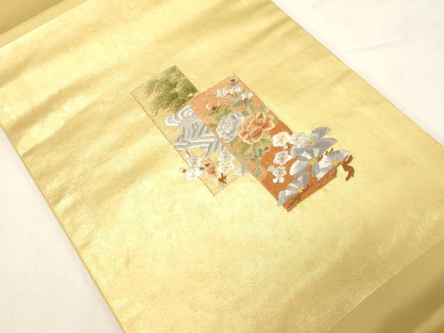 平和屋着物▼九寸開き名古屋帯 総刺繍 短冊重ね草花文 金糸 引箔 鈴乃屋扱い 正絹 逸品 CABE9357dy