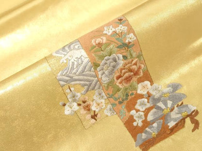 平和屋着物▼九寸開き名古屋帯 総刺繍 短冊重ね草花文 金糸 引箔 鈴乃屋扱い 正絹 逸品 CABE9357dy