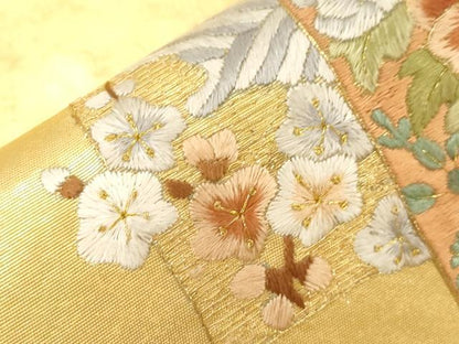 平和屋着物▼九寸開き名古屋帯 総刺繍 短冊重ね草花文 金糸 引箔 鈴乃屋扱い 正絹 逸品 CABE9357dy