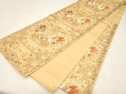 平和屋着物▼西陣の名門　本家加納　六通柄袋帯　唐織　向い鳥花文　金糸　正絹　逸品　CABE9374dy