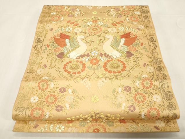 平和屋着物▼西陣の名門　本家加納　六通柄袋帯　唐織　向い鳥花文　金糸　正絹　逸品　CABE9374dy