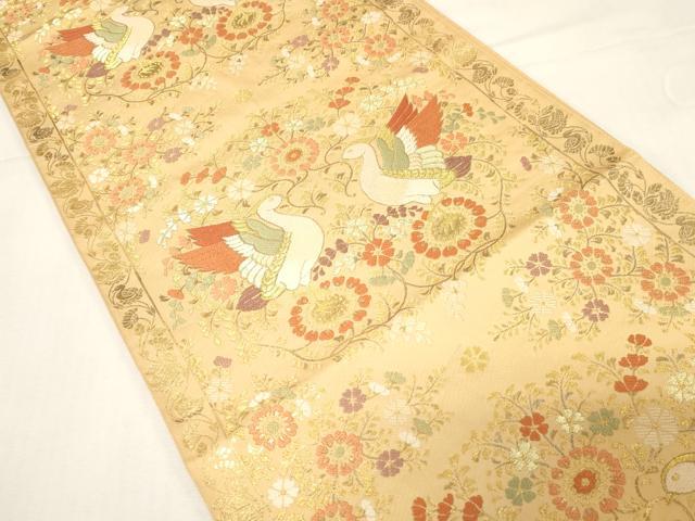 平和屋着物▼西陣の名門　本家加納　六通柄袋帯　唐織　向い鳥花文　金糸　正絹　逸品　CABE9374dy