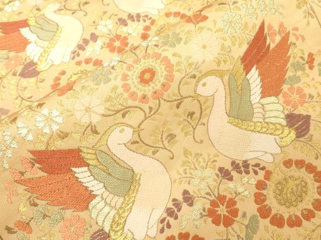 平和屋着物▼西陣の名門　本家加納　六通柄袋帯　唐織　向い鳥花文　金糸　正絹　逸品　CABE9374dy