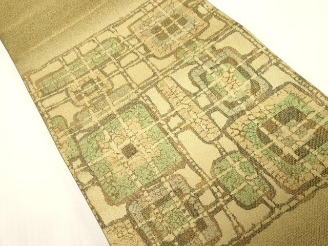 平和屋着物▼太鼓柄袋帯　幾何学文　金通し地　正絹　逸品　CABE9423dy