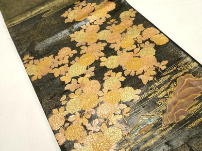 平和屋着物▼太鼓柄袋帯　螺鈿　風景花文　金彩　正絹　逸品　CABE9425dy
