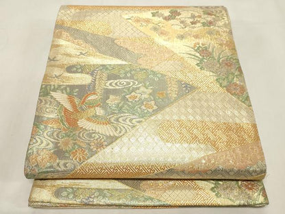 平和屋着物▼宝珠本佐賀錦 六通柄袋帯 九寸錦 花車飛鳥文 金糸 正絹 逸品 CABE9434dy