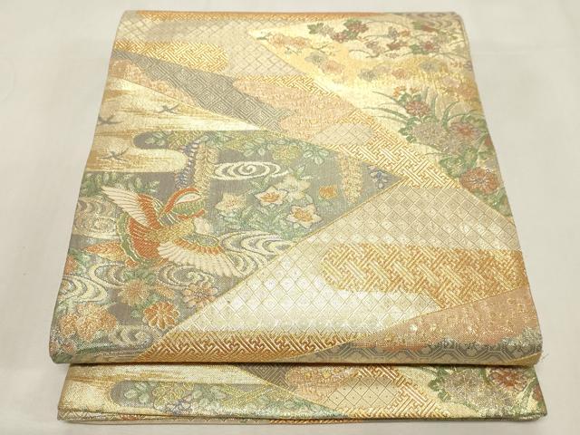 平和屋着物▼宝珠本佐賀錦 六通柄袋帯 九寸錦 花車飛鳥文 金糸 正絹 逸品 CABE9434dy
