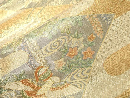 平和屋着物▼宝珠本佐賀錦 六通柄袋帯 九寸錦 花車飛鳥文 金糸 正絹 逸品 CABE9434dy