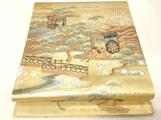 平和屋着物◎六通柄袋帯　作家物　手描き　御所車枝松文　金銀彩　正絹　逸品　CABE9458dy