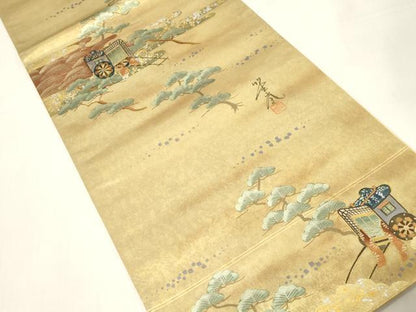 平和屋着物◎六通柄袋帯　作家物　手描き　御所車枝松文　金銀彩　正絹　逸品　CABE9458dy