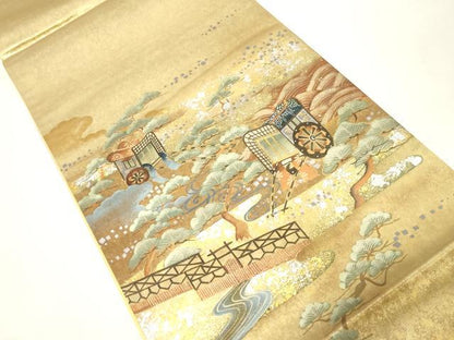 平和屋着物◎六通柄袋帯　作家物　手描き　御所車枝松文　金銀彩　正絹　逸品　CABE9458dy