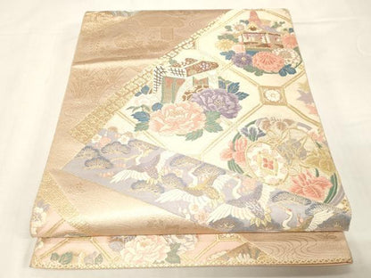 平和屋着物◎六通柄袋帯　唐織　九百錦　裂取花丸文　金糸　正絹　逸品　CABE9462dy