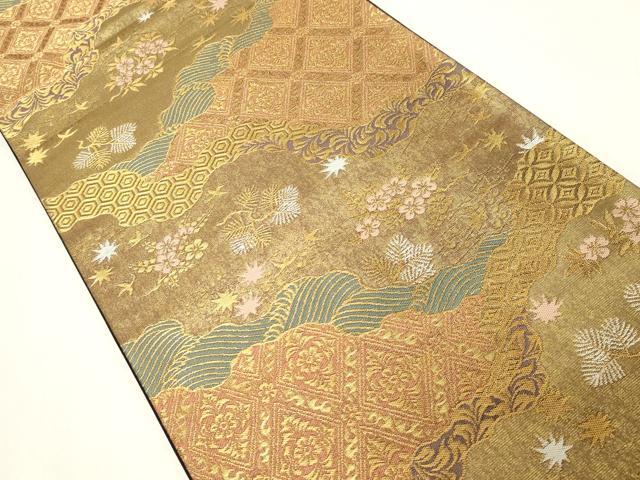 平和屋着物●六通柄袋帯　唐織　流水草花文　金銀糸　正絹　逸品　CABB9543hy 平和屋着物◎六通柄袋帯 唐織 花蝶文 金銀糸 正絹 逸品 AABA6333yx