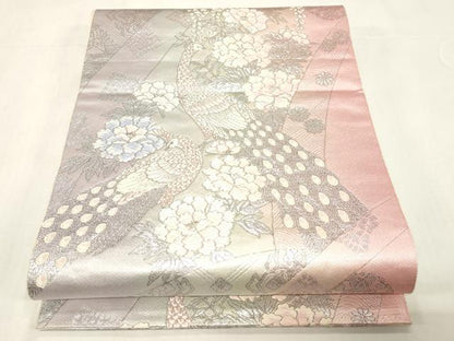 平和屋着物◎六通柄袋帯　孔雀花文　プラチナ箔　正絹　逸品　CABE9489dy