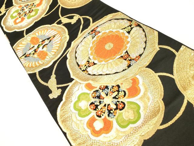 平和屋着物◎六通柄袋帯　向かい鶴花文　黒地　金銀糸　正絹　逸品　CABE9490dy