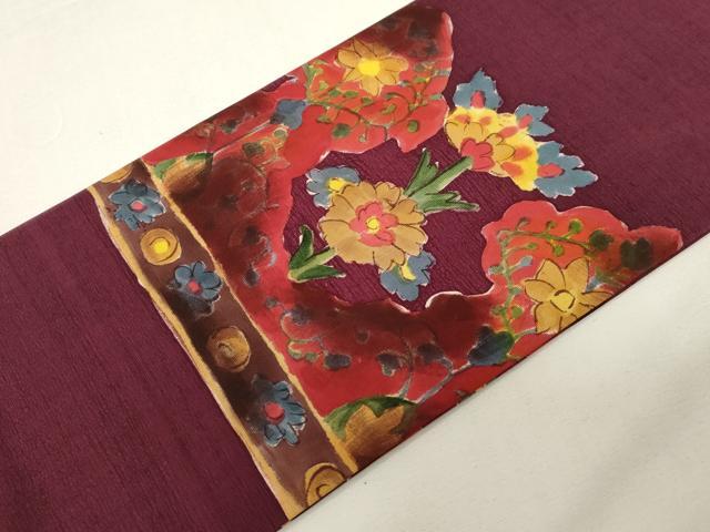 平和屋着物◎九寸名古屋帯 手描き 紬地 横段草花文 正絹 逸品 CABE9517dy