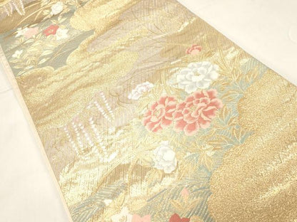 平和屋着物◎六通柄袋帯　雲取り草花文　金糸　正絹　逸品　CABE9569dy