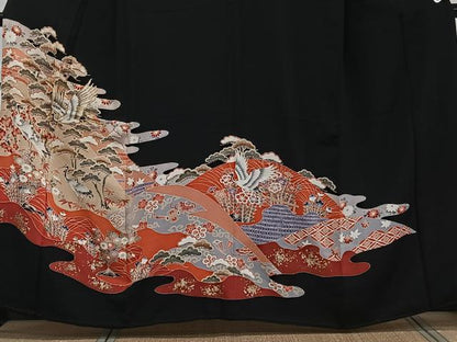 平和屋着物■豪華黒留袖 駒刺繍 宝花文 鶴 松竹梅 金彩 正絹 逸品 CABE9631xi