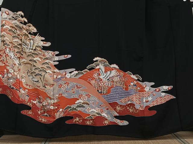 平和屋着物■豪華黒留袖 駒刺繍 宝花文 鶴 松竹梅 金彩 正絹 逸品 CABE9631xi