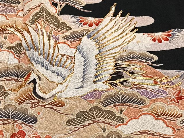 平和屋着物■豪華黒留袖 駒刺繍 宝花文 鶴 松竹梅 金彩 正絹 逸品 CABE9631xi