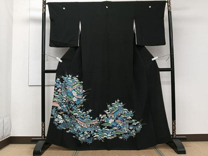 平和屋着物■豪華黒留袖　風景花文　松竹梅　金銀彩　正絹　逸品　CABE9664xi